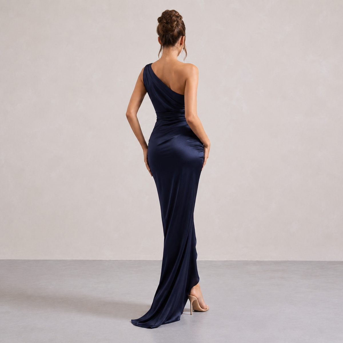 One Shoulder Ruched High Split Ruffle Satin Maxi Gown 15