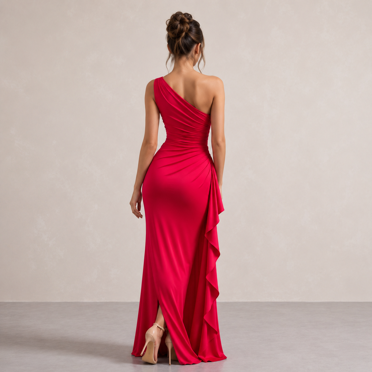 One Shoulder Ruched High Split Ruffle Satin Maxi Gown 6