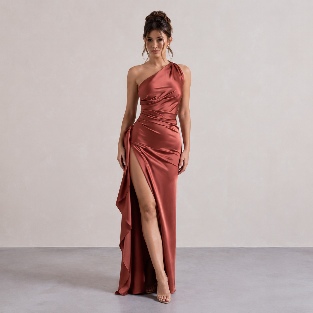 One Shoulder Ruched High Split Ruffle Satin Maxi Gown 10