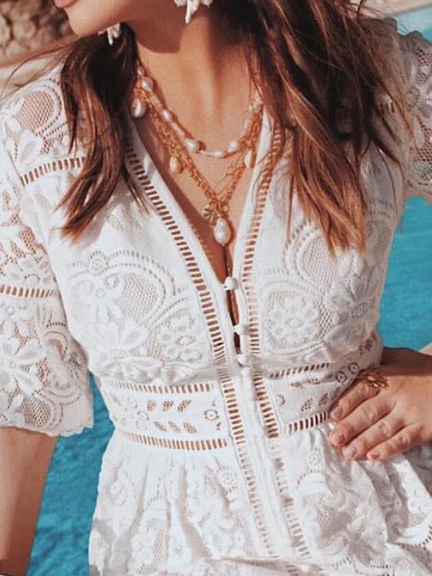 Lace Deep V-Neck Short Bell Sleeve Tiered Lace Trim Midi Dress - View 6