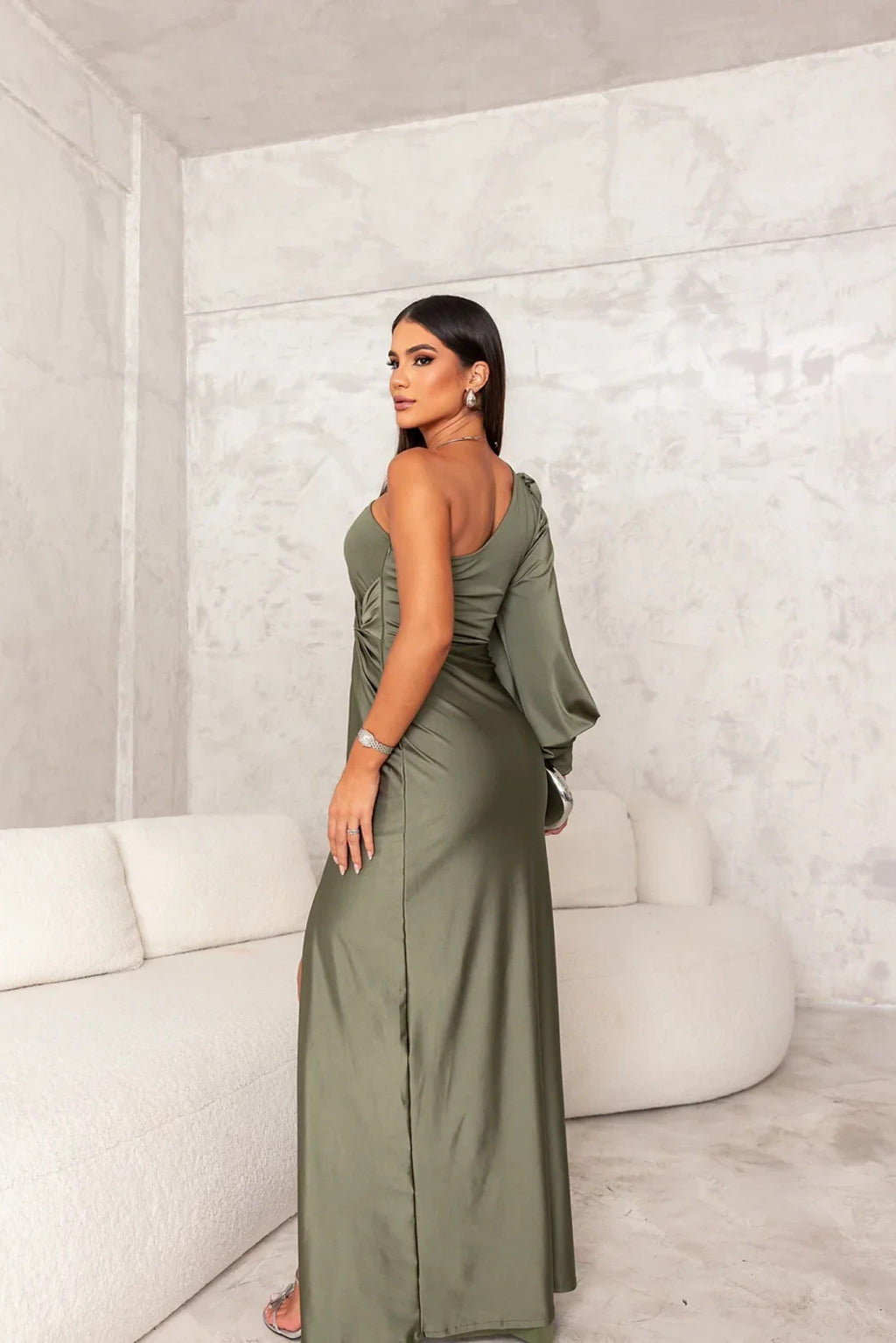 Satin One Shoulder Draped Bishop Sleeve Twist Waist Midi Dress - View 13