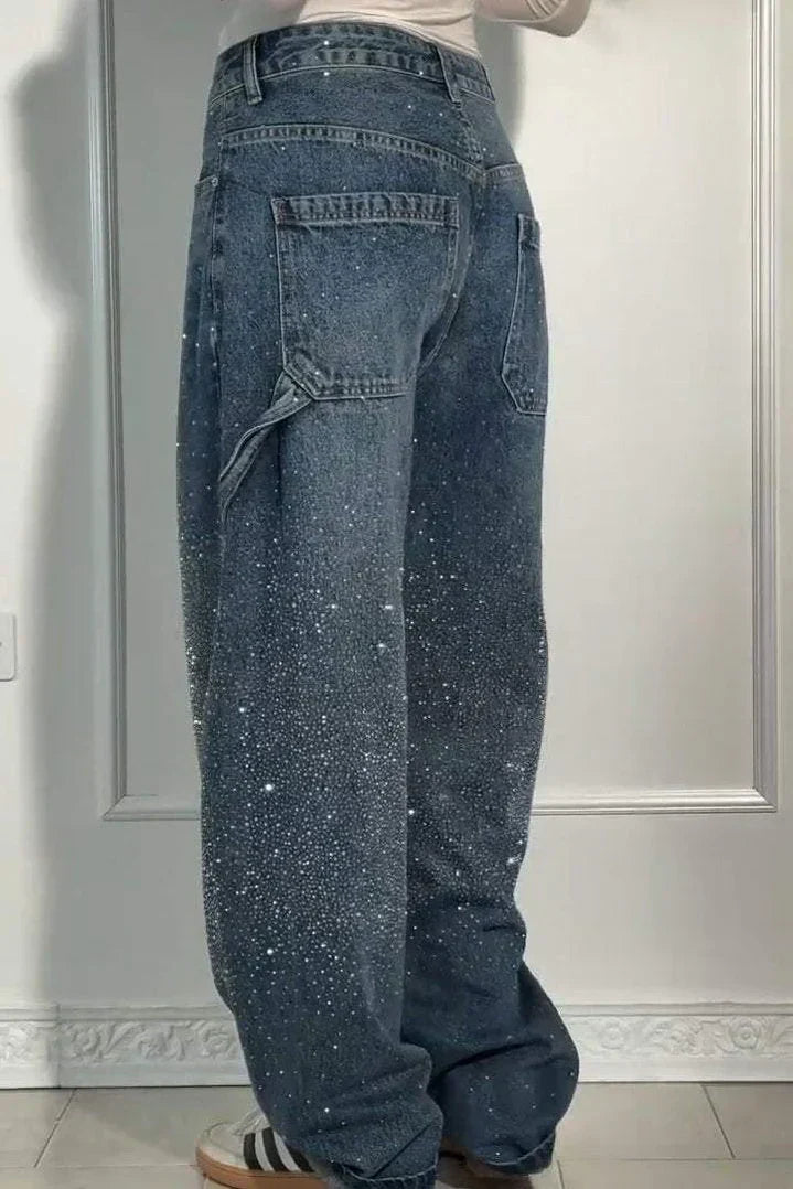High Waist Rhinestone Wide Leg Baggy Jeans 4