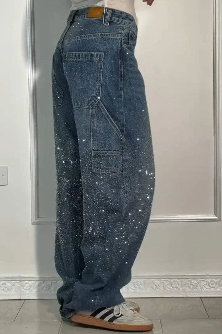 High Waist Rhinestone Wide Leg Baggy Jeans 5