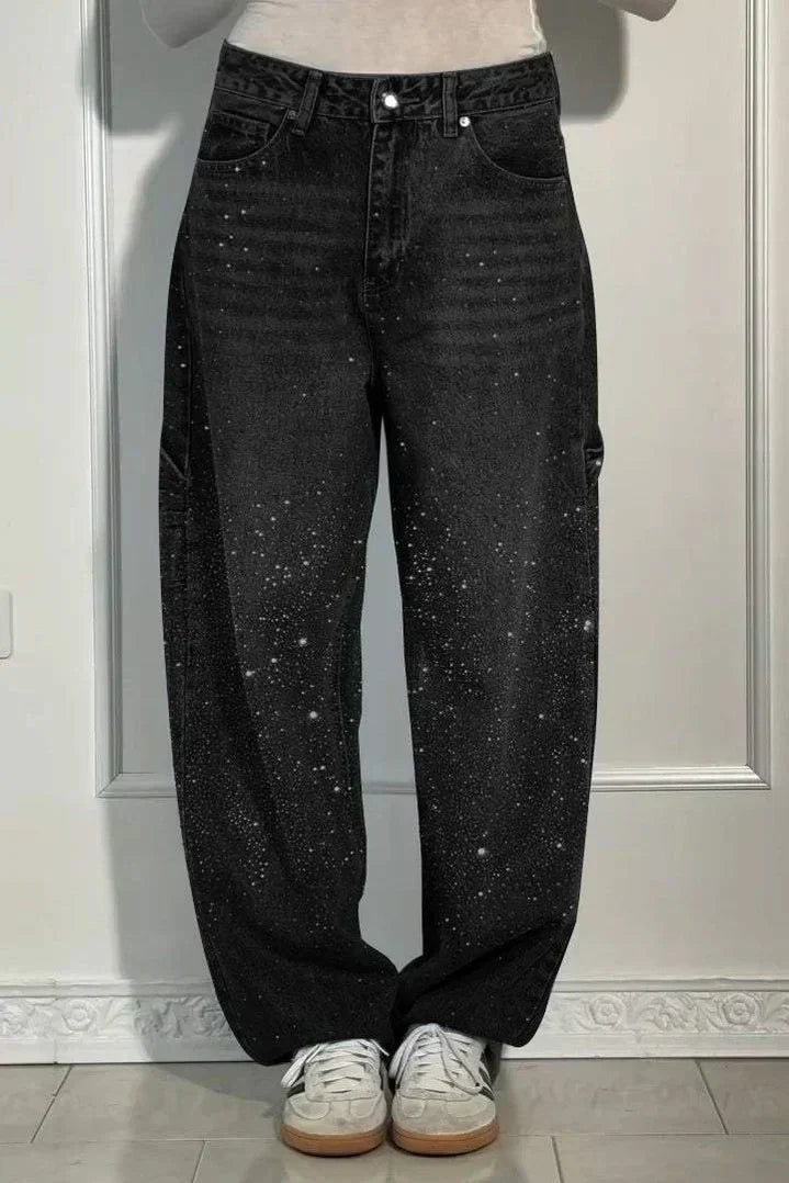 High Waist Rhinestone Wide Leg Baggy Jeans 3