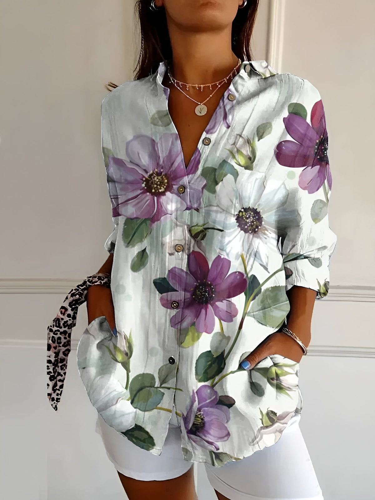 Floral Print Collared Long Sleeve Button Front Shirt 8