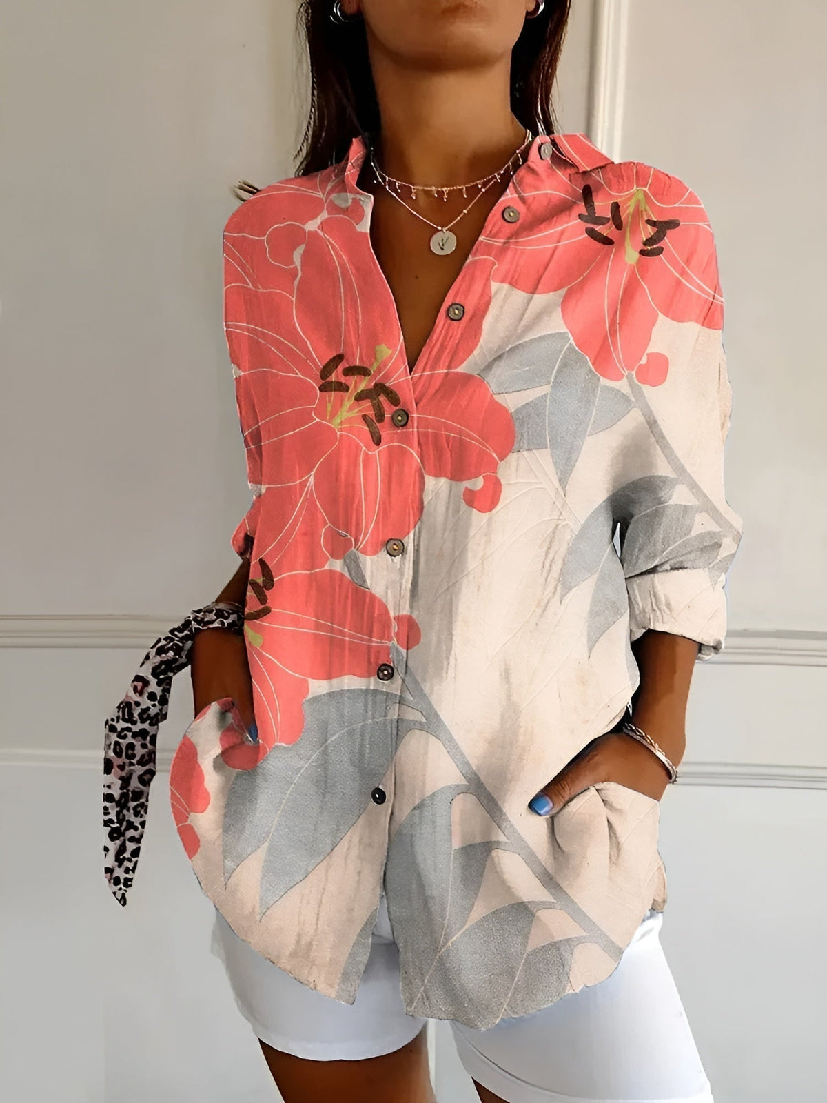 Floral Print Collared Long Sleeve Button Front Shirt 7