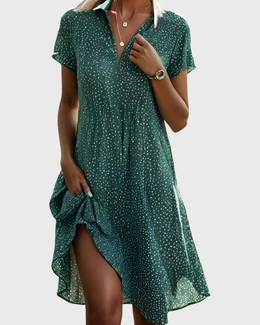 Spotted Print Collared Short Sleeve Tiered Midi Dress