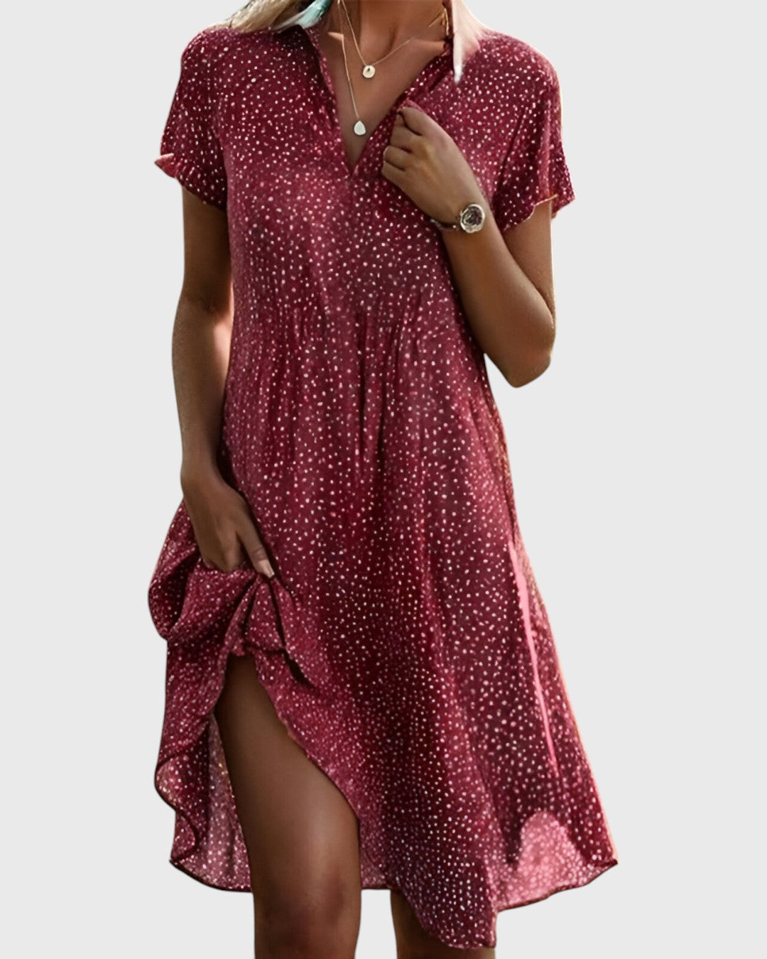 Spotted Print Collared Short Sleeve Tiered Midi Dress 3