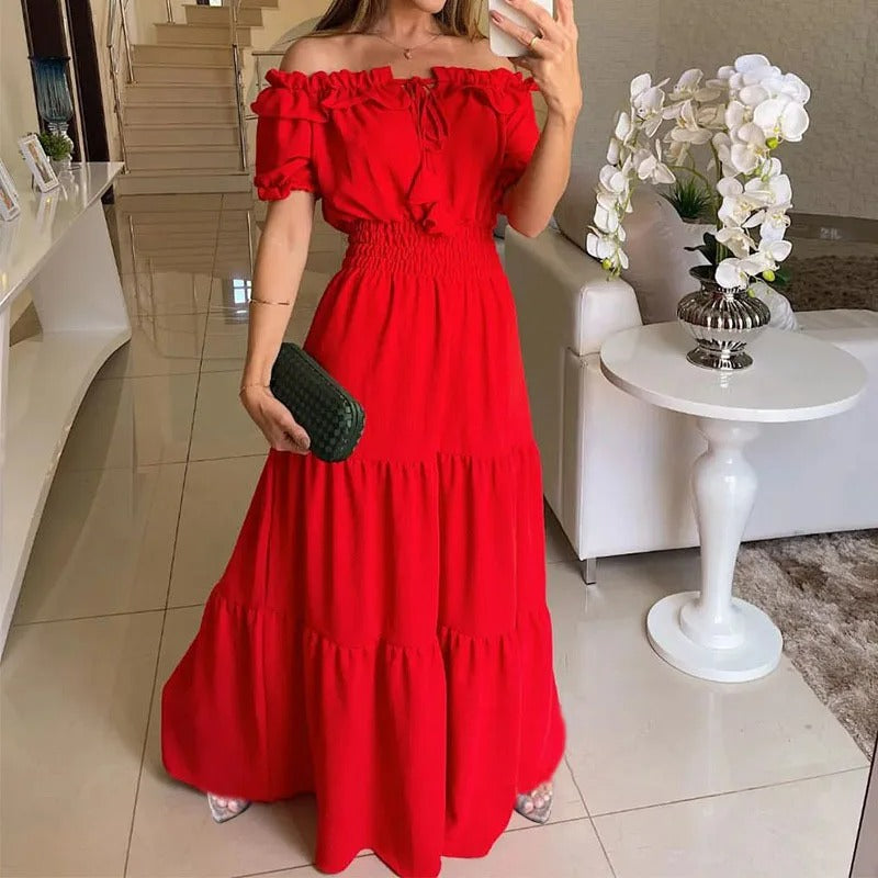 Off Shoulder Puff Sleeve Tie Front Smocked Waist Tiered Maxi Dress
