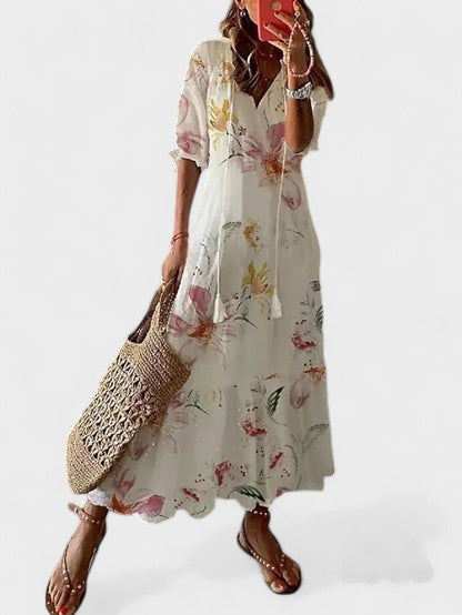 Ikat Print Split Neck Tassel Tie Tiered Maxi Dress 6