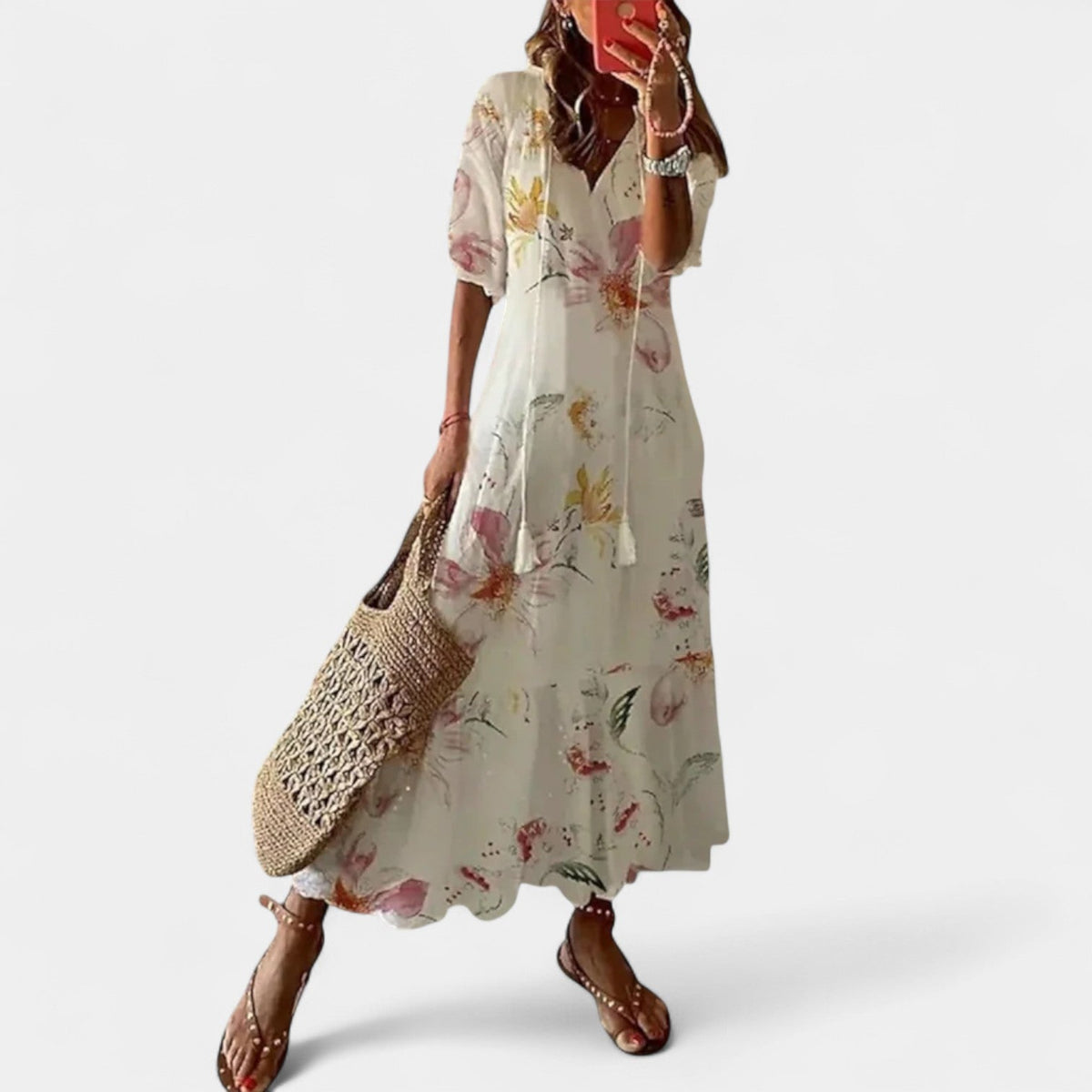 Floral V-Neck Puff Sleeve Tiered Tassel Tie Boho Maxi Dress
