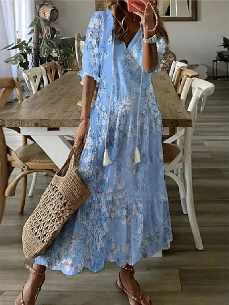 Floral Print Tassel Tie Drawstring Deep V-Neck Tiered Dress - View 3