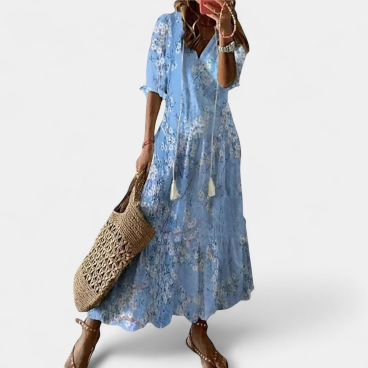 Floral V-Neck Puff Sleeve Tiered Tassel Tie Boho Maxi Dress 4