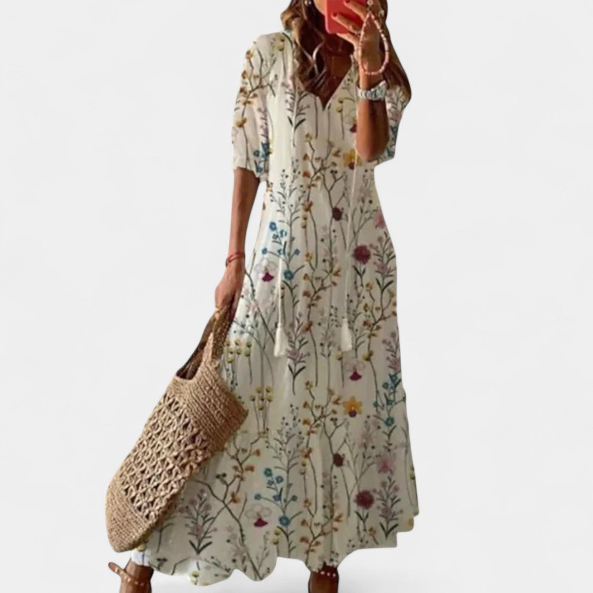 Floral V-Neck Puff Sleeve Tiered Tassel Tie Boho Maxi Dress 5