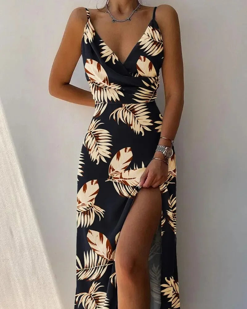 Spaghetti Strap Cowl Draped Ruched Satin High Split Maxi Gown - View 7