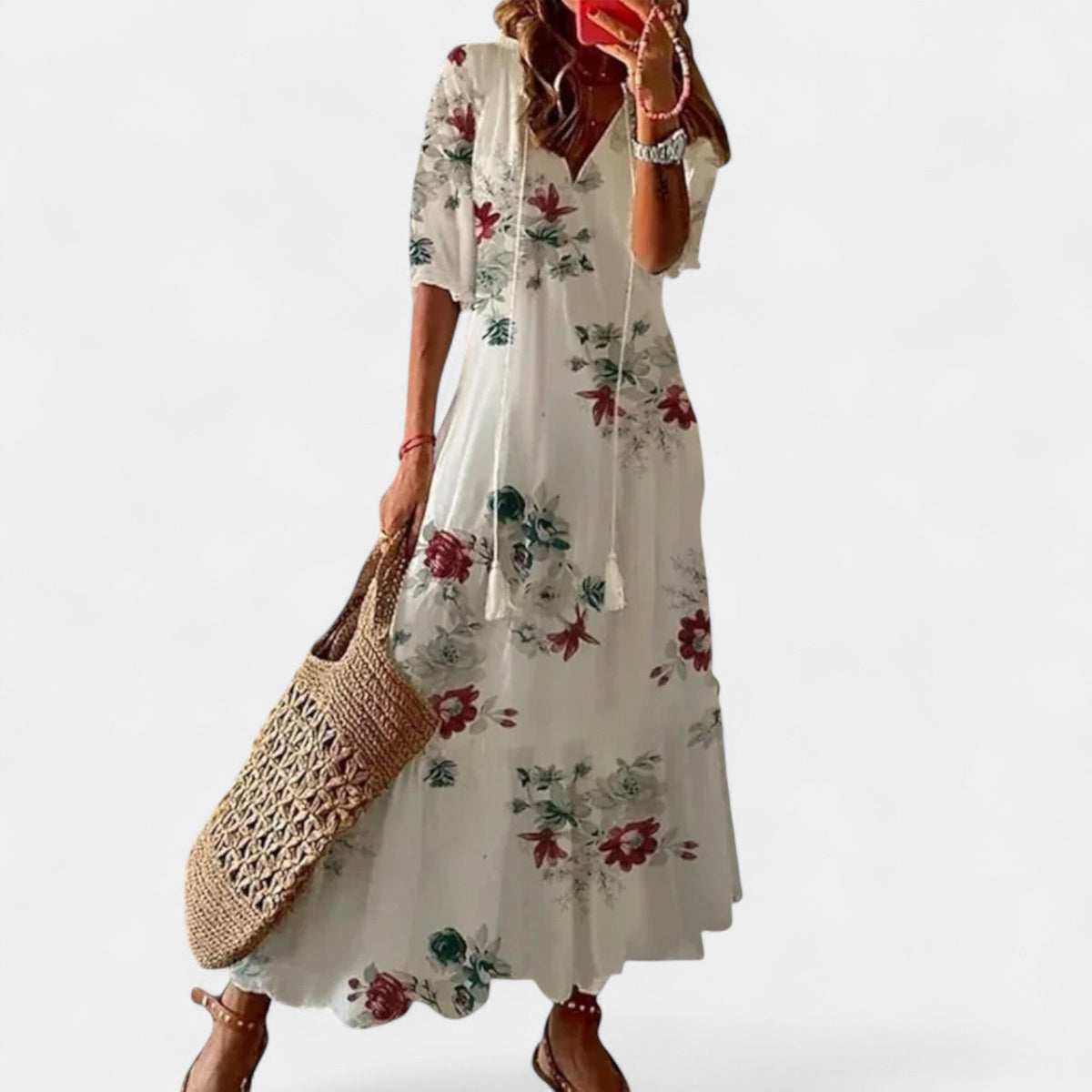Floral V-Neck Puff Sleeve Tiered Tassel Tie Boho Maxi Dress 7