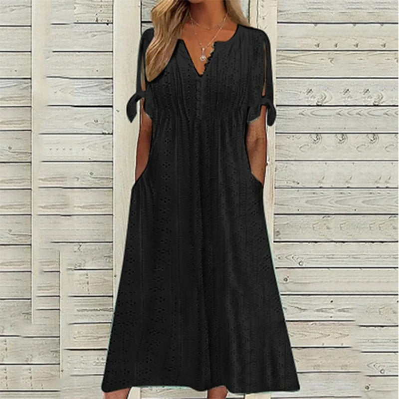 Eyelet V-Neck Button Down Tie Cuff Pocket Midi Summer Dress - View 2