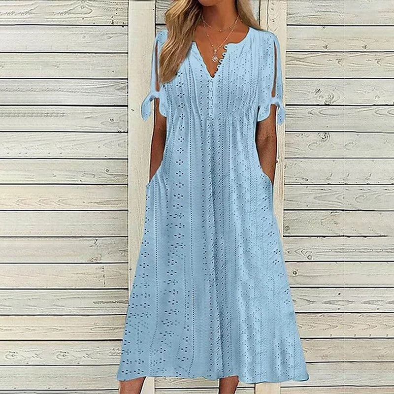 Eyelet V-Neck Button Down Tie Cuff Pocket Midi Summer Dress - View 3