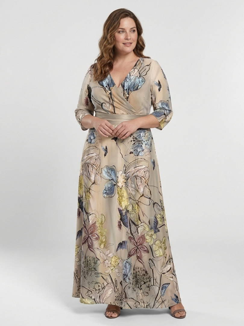 Floral Print V-Neck Three Quarter Sleeve Wrap Maxi Dress 2