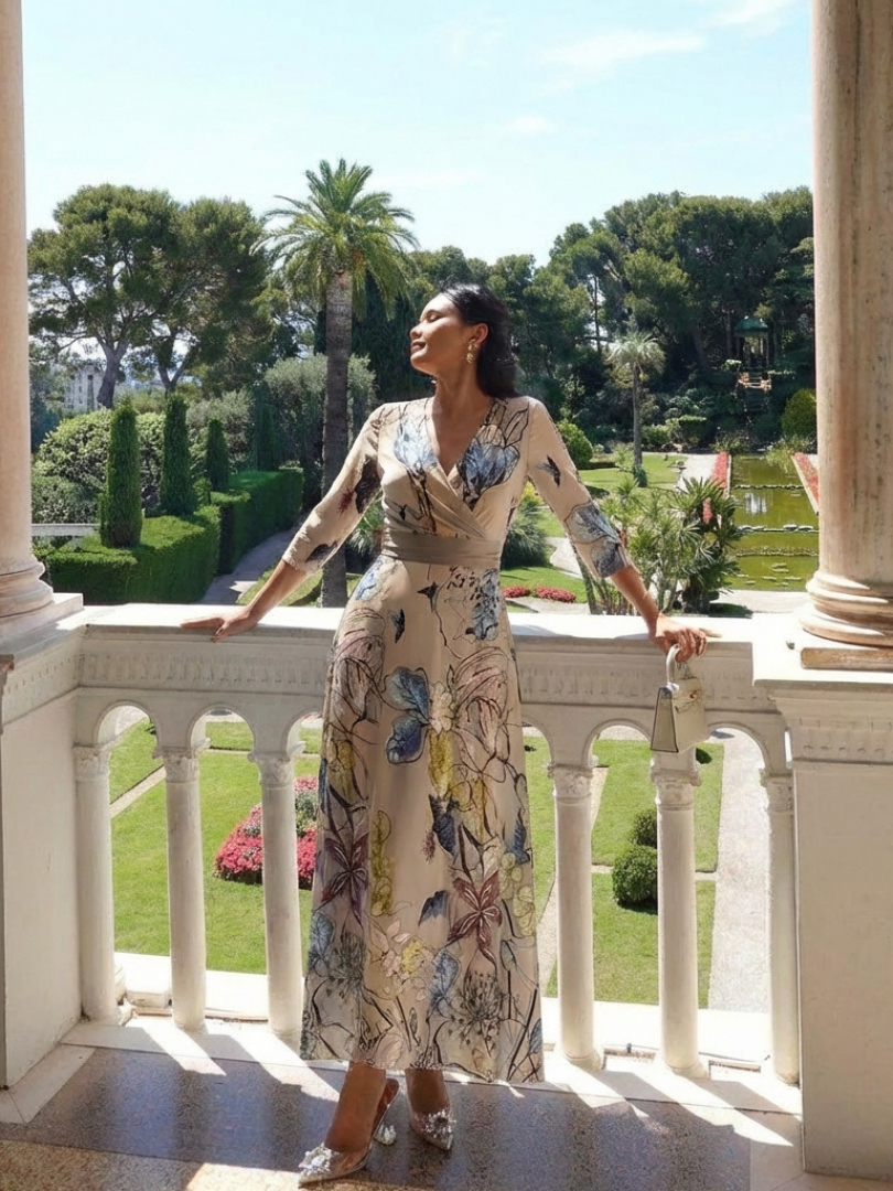Floral Print V-Neck Three Quarter Sleeve Wrap Maxi Dress 6