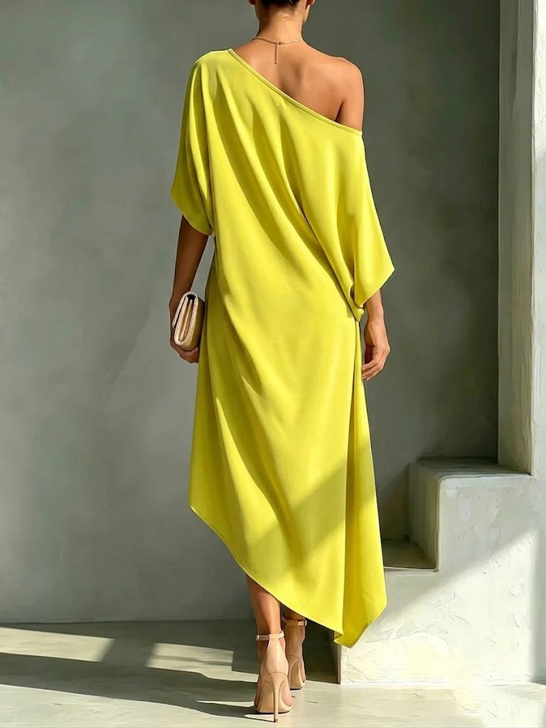One Shoulder Short Sleeve Gathered Waist High Low Satin Maxi Dress 2