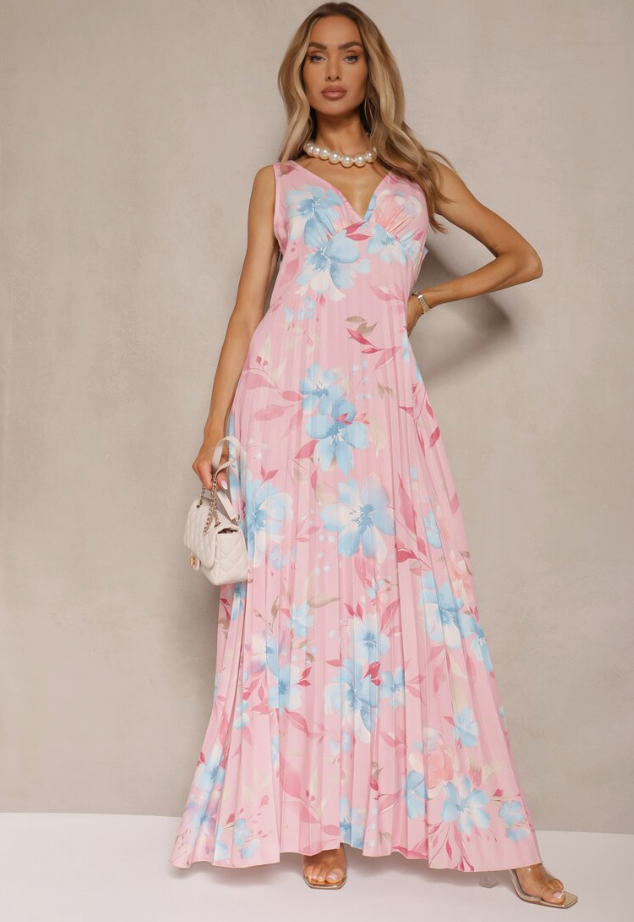 Floral V-Neck Sleeveless Pleated Maxi Dress