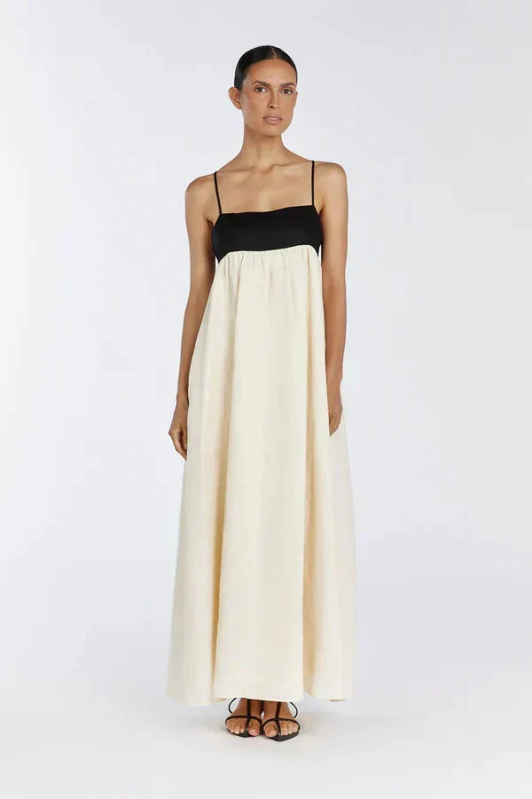 Square Neck Spaghetti Strap Empire Waist Colorblock Maxi Dress