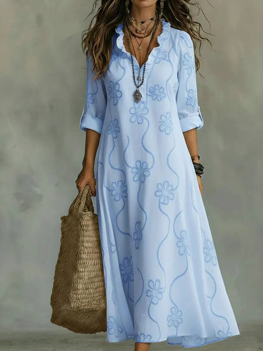 Split Neck Long Sleeve Floral Embroidered Maxi Dress