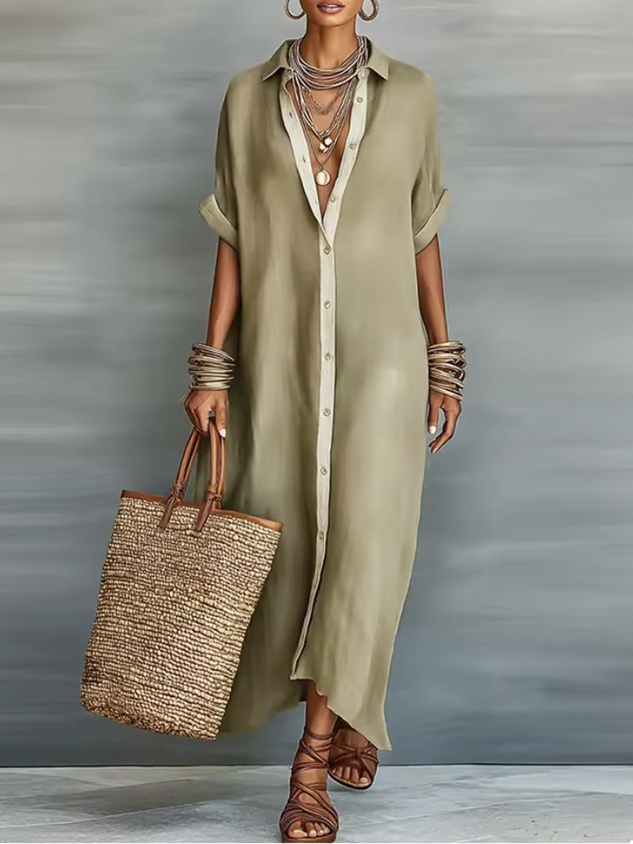 Button Front Collared Long Sleeve Maxi Shirt Dress