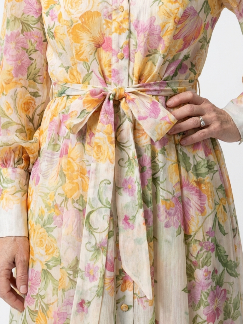 Floral Long Sleeve Button Front Belted Sheer Maxi Dress 3