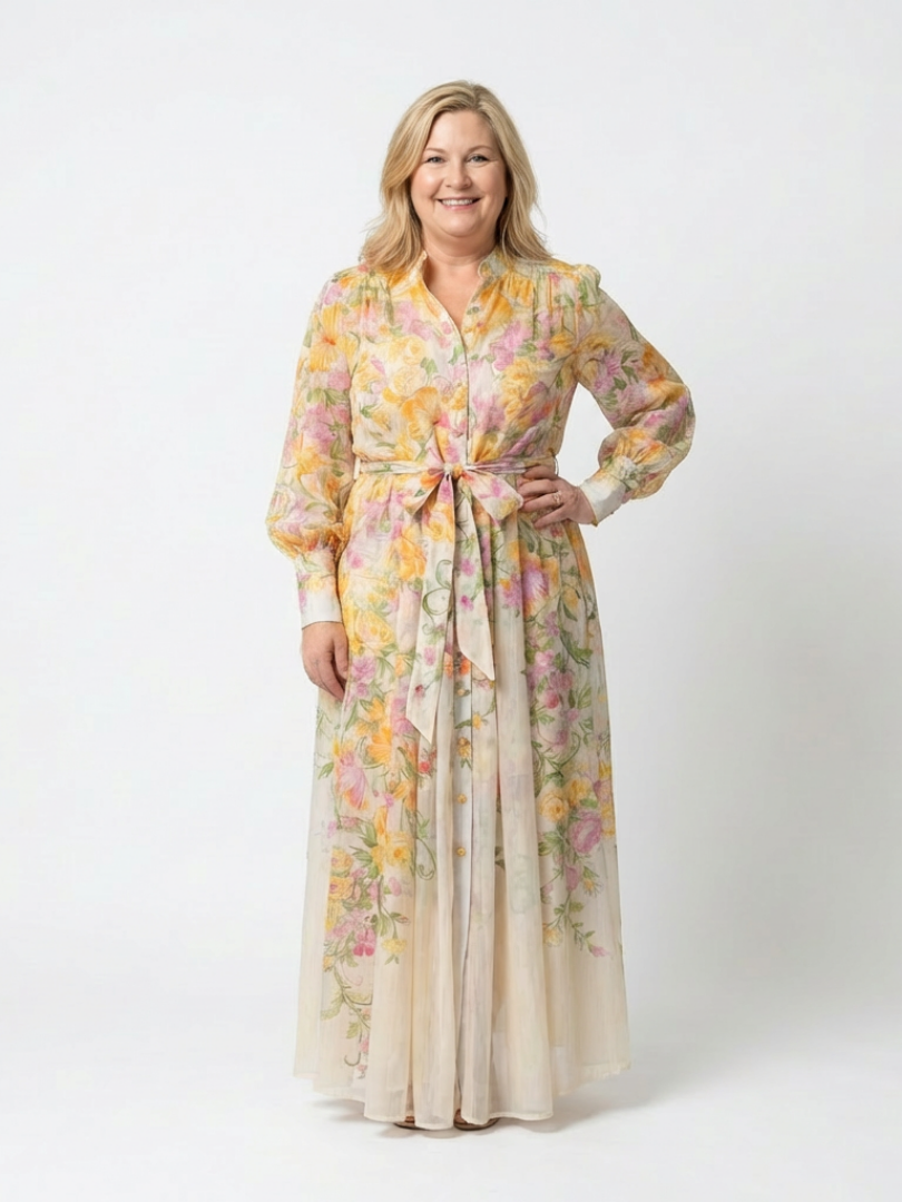 Floral Long Sleeve Button Front Belted Sheer Maxi Dress 4