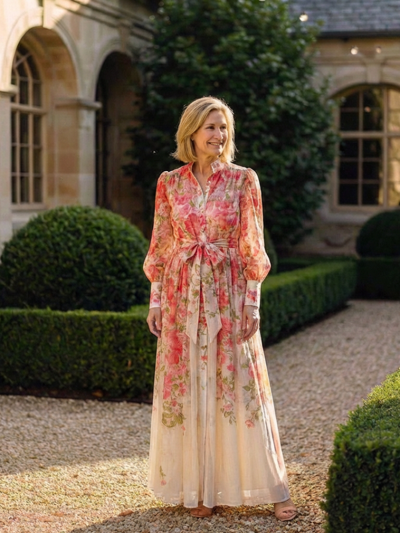 Floral Long Sleeve Button Front Belted Sheer Maxi Dress 7