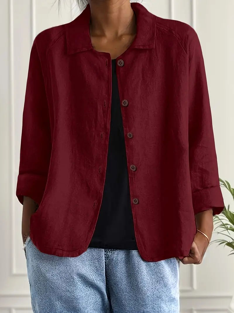 Button Front Collared Long Sleeve Linen Look Shirt Jacket