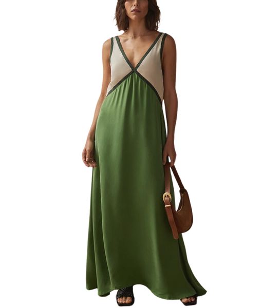 Deep V-Neck Contrast Trim Sleeveless Satin Slip Midi Dress - View 6
