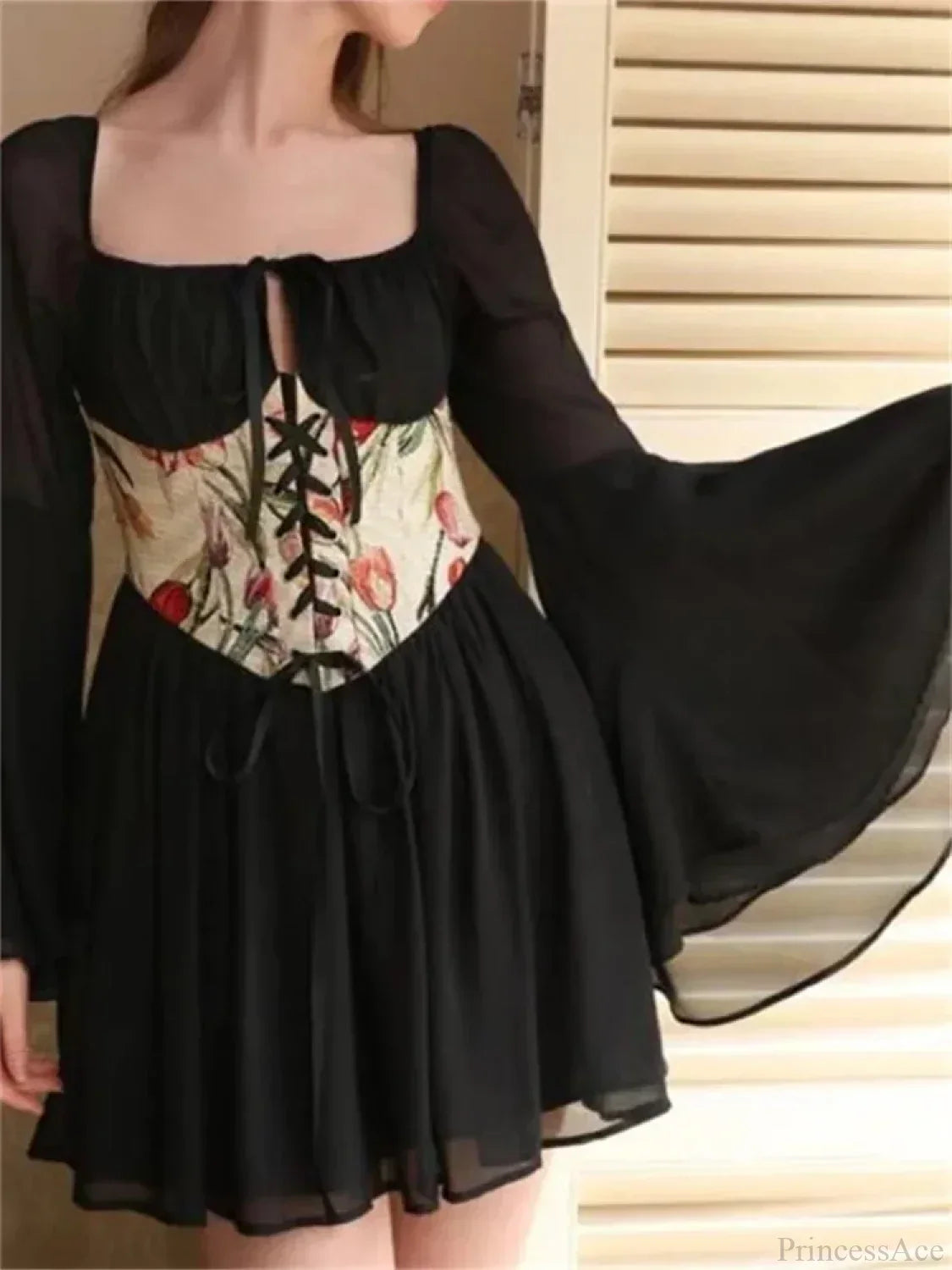 Floral Print Off Shoulder Ruffle Lace Up Corset Mini Dress - View 3