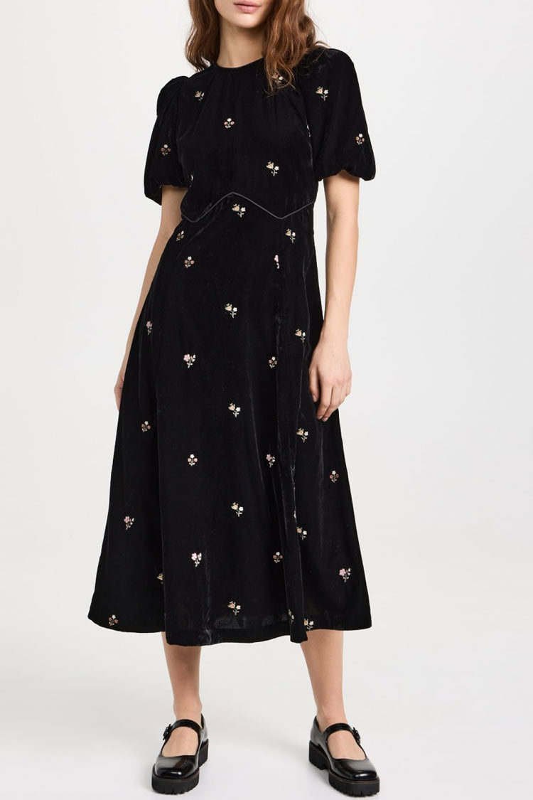 Floral Embroidery Puff Sleeve A-Line Velvet Midi Dress