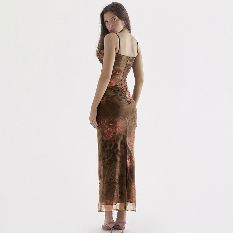 Spaghetti Strap Cowl Neck Ruched Mesh Floral Bodycon Maxi Dress - View 3