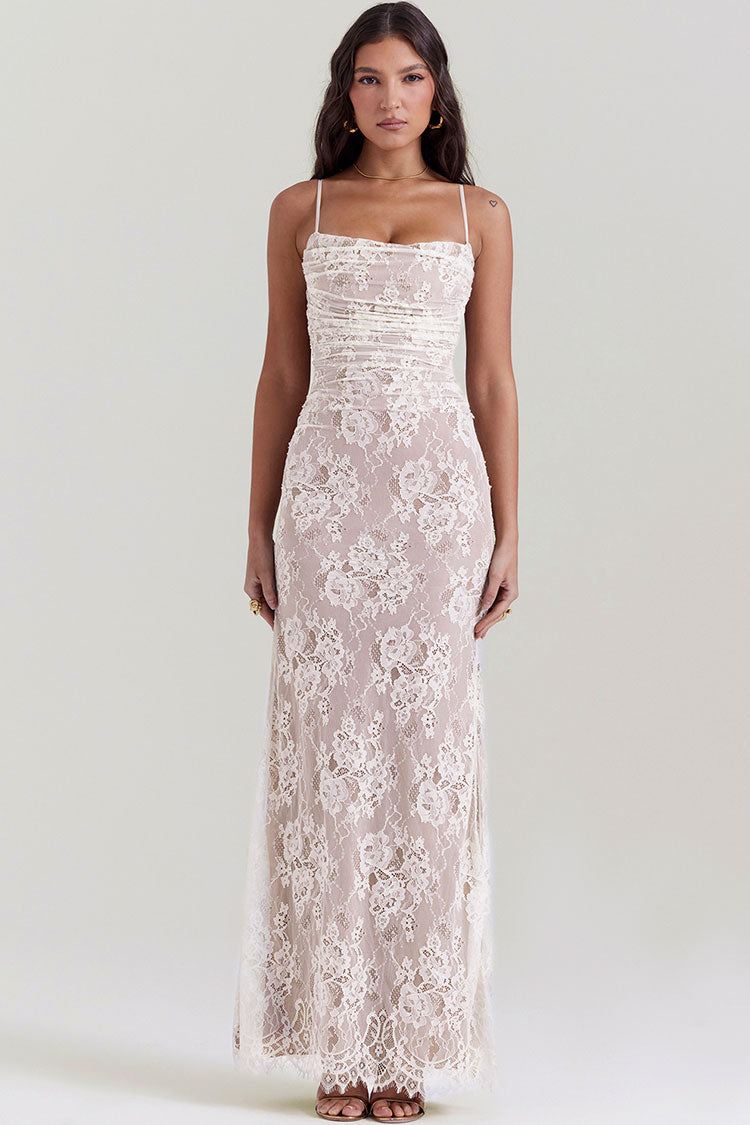 Floral Lace Square Neck Long Sleeve Ruched Mermaid Maxi Dress - View 2