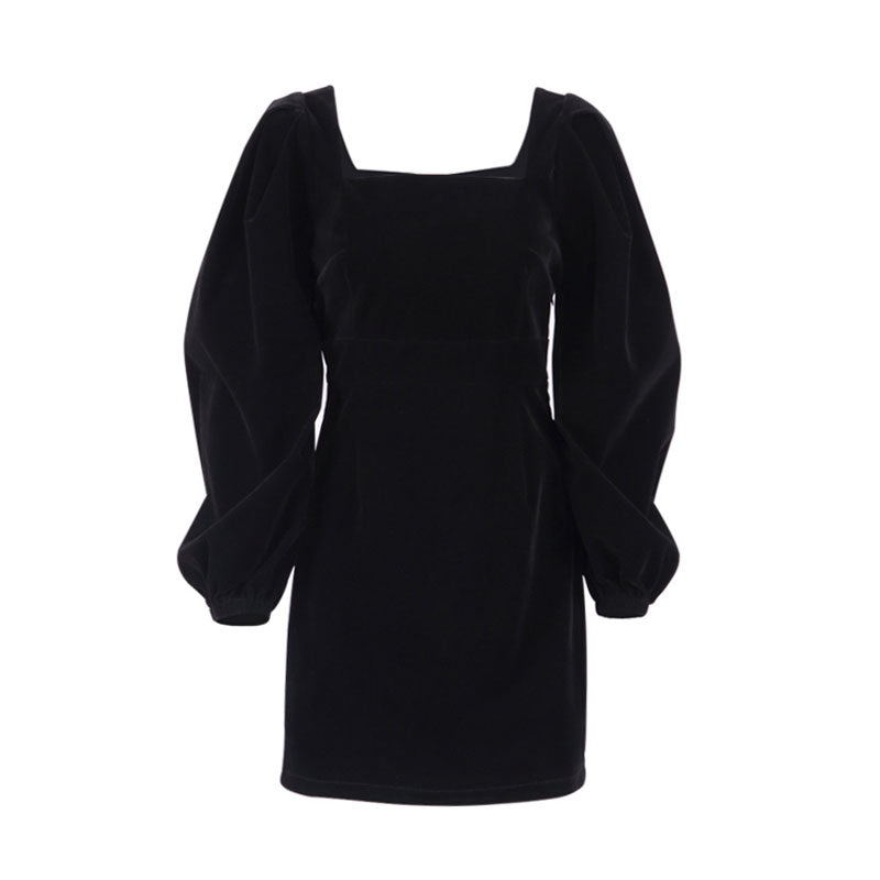 Vintage Puff Sleeve Square Neck Velvet Party Mini Dress - Black - View 3