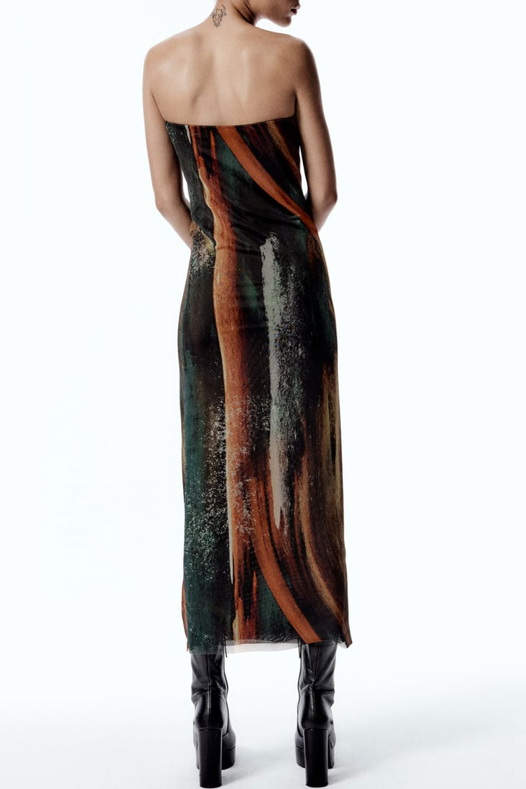 Vintage Abstract Printed Summer Strapless Mesh Maxi Dress - Brown - View 3