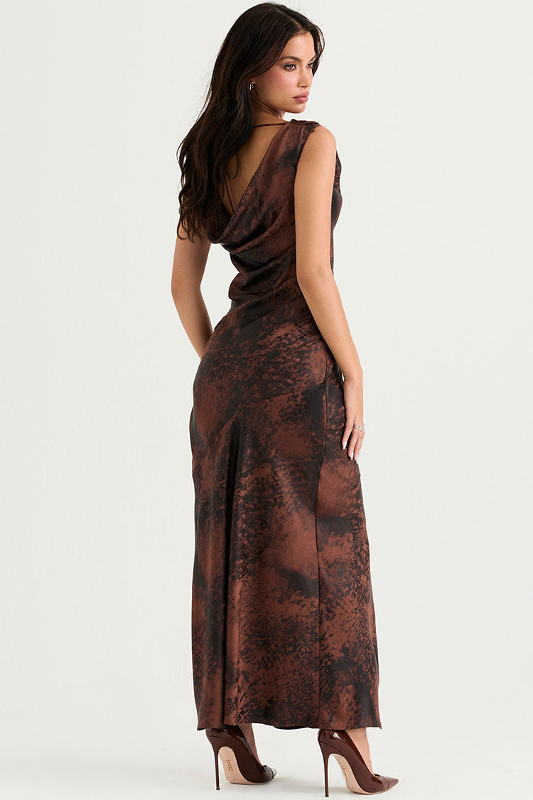 Vintage Tie Dye Cowl Neck High Split Satin Evening Maxi Dress - Brown - View 3