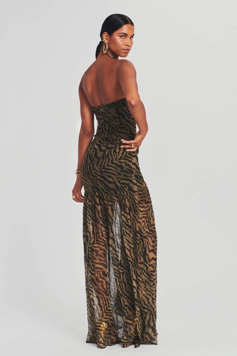 Zebra Print Strapless Sheer Overlay High Split Maxi Dress - View 5