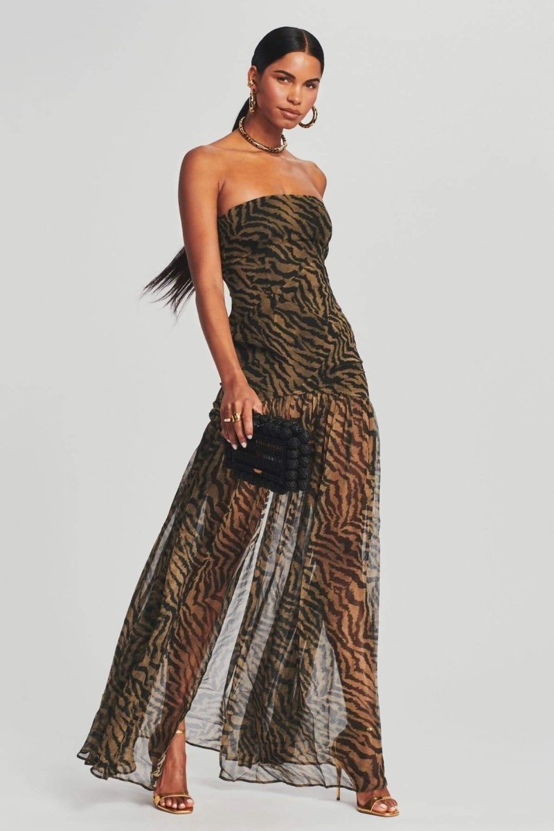 Zebra Print Strapless Sheer Overlay High Split Maxi Dress - View 2