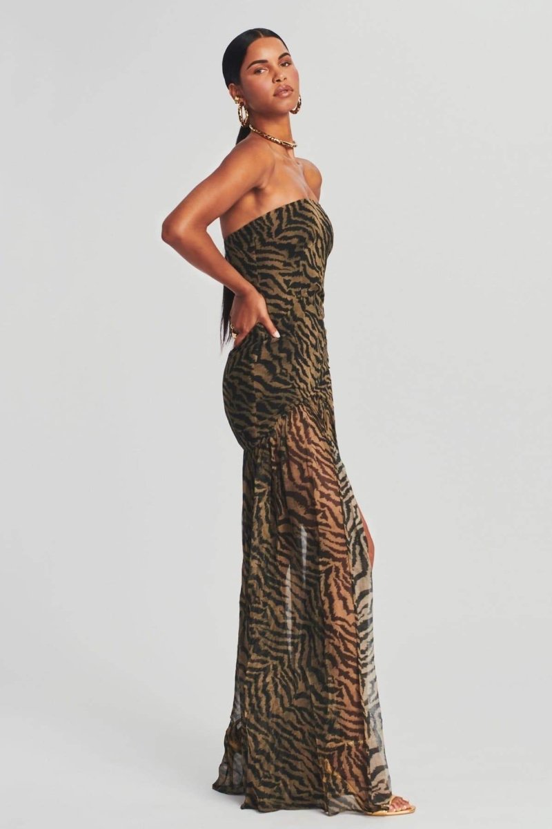 Tiger Stripe Strapless High Split Sheer Panel Maxi Gown - View 4