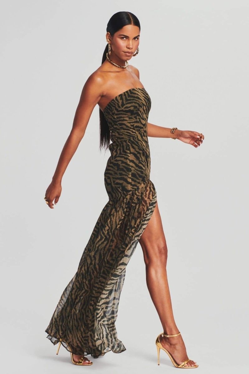Zebra Print Strapless Sheer Overlay High Split Maxi Dress - View 3