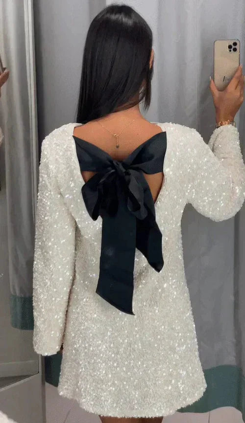 Sequin Long Sleeve Open Back Oversized Bow Back Mini Party Dress