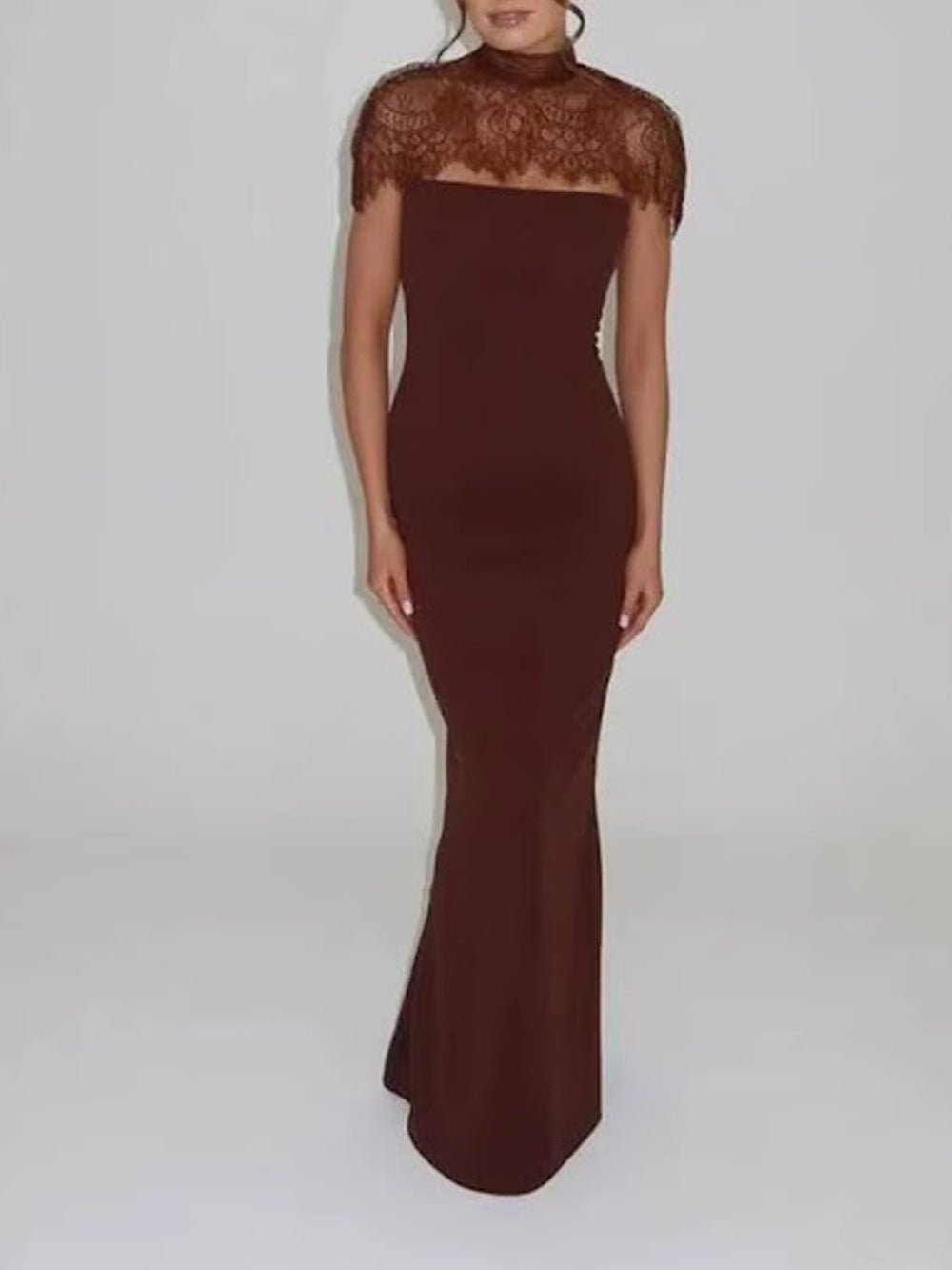 Lace Yoke High Neck Cap Sleeve Column Maxi Gown