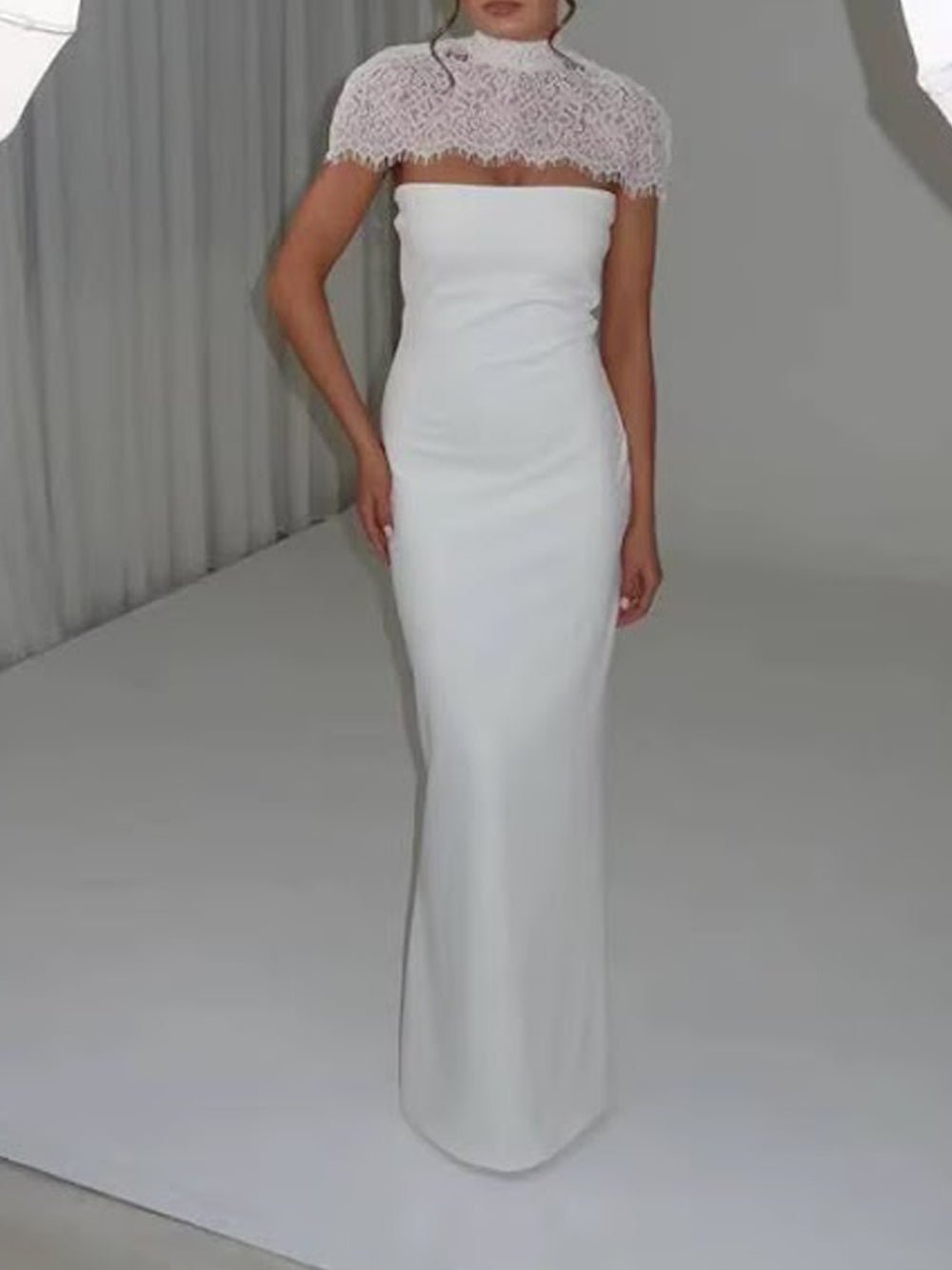 Scalloped Lace Yoke High Neck Cap Sleeve Column Maxi Gown - View 4