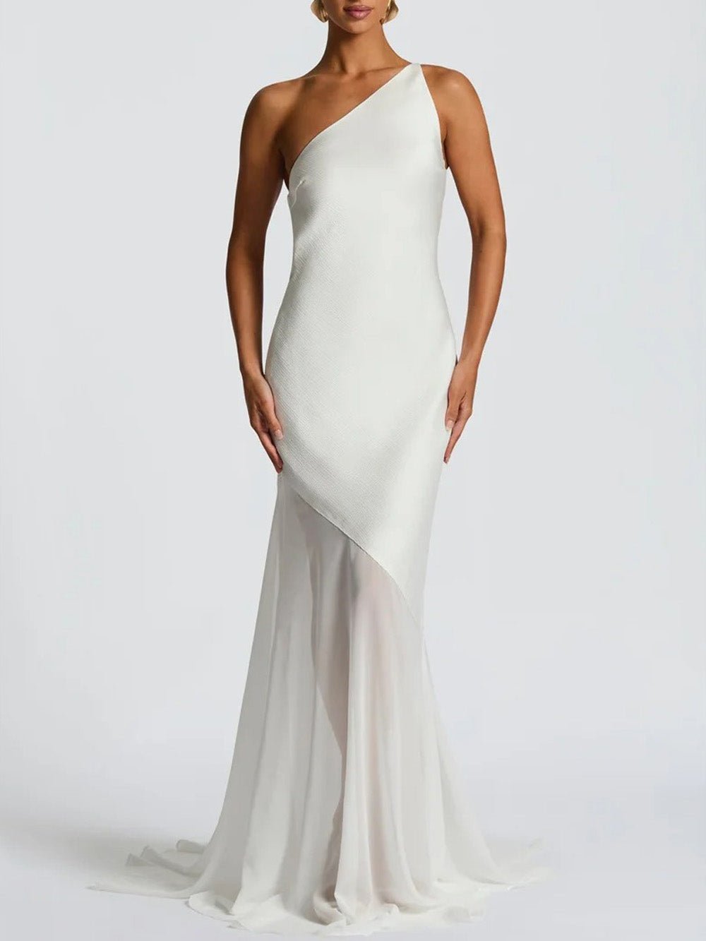 One Shoulder Sheer Mesh Panel Mermaid Maxi Gown