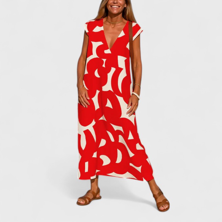 Geometric Print V-Neck Cap Sleeve A-Line Maxi Dress 5